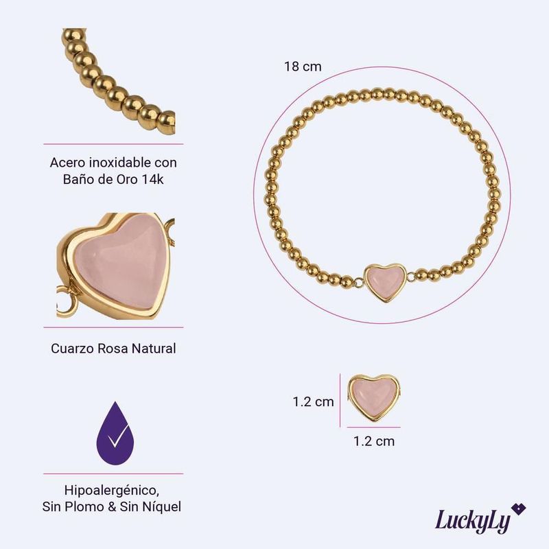 Pulsera luckyly baño de oro 14k dije corazón piedra o cuarzo natural nadia rosa claro