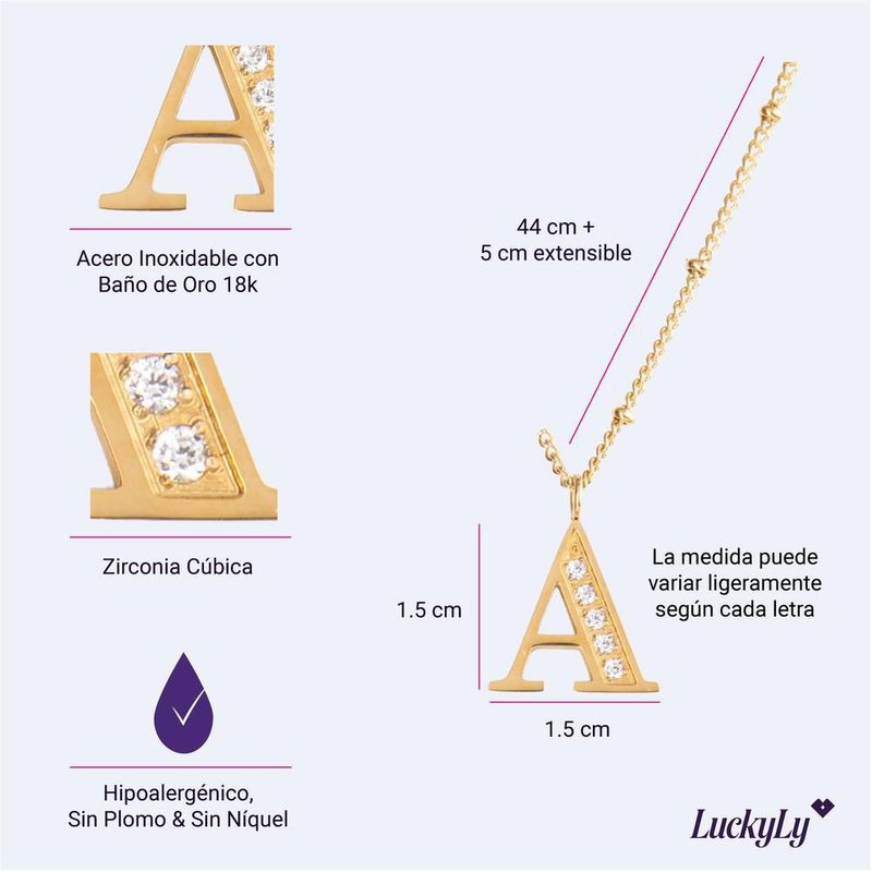 Collar luckyly acero inoxidable con baño de oro 14 k iniciales a - z olga dorado