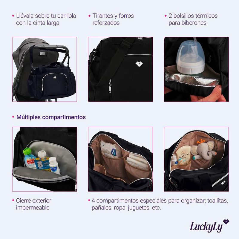 Pañalera luckyly múlticompartimentos repelente térmica cambiador alena negro