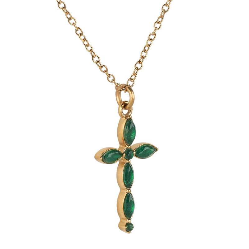 Collar luckyly cruz acero inoxidable con baño de oro 18k con zirconia cúbica nari esmeralda
