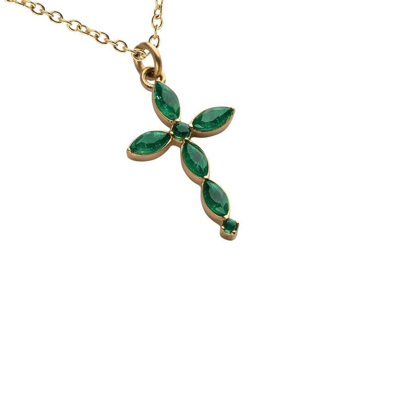 Collar luckyly cruz acero inoxidable con baño de oro 18k con zirconia cúbica nari esmeralda