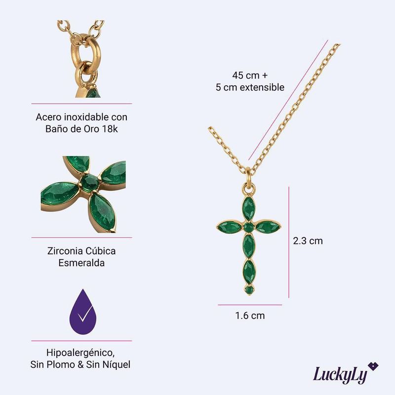 Collar luckyly cruz acero inoxidable con baño de oro 18k con zirconia cúbica nari esmeralda