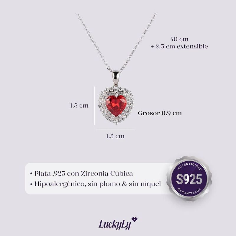 Collar luckyly dije de corazón brillante plata .925 con zirconia cúbica zaria rojo