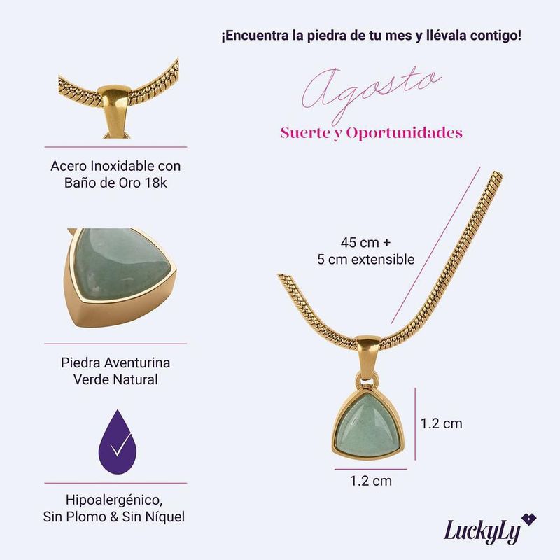 Collar luckyly acero inoxidable baño oro 18k con piedra natural de nacimiento sofi verde
