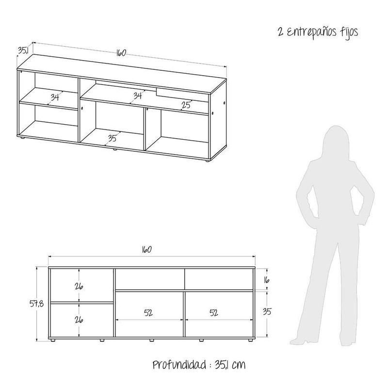 Mesa tv con entrepaños abiertos 160x58cm mdp