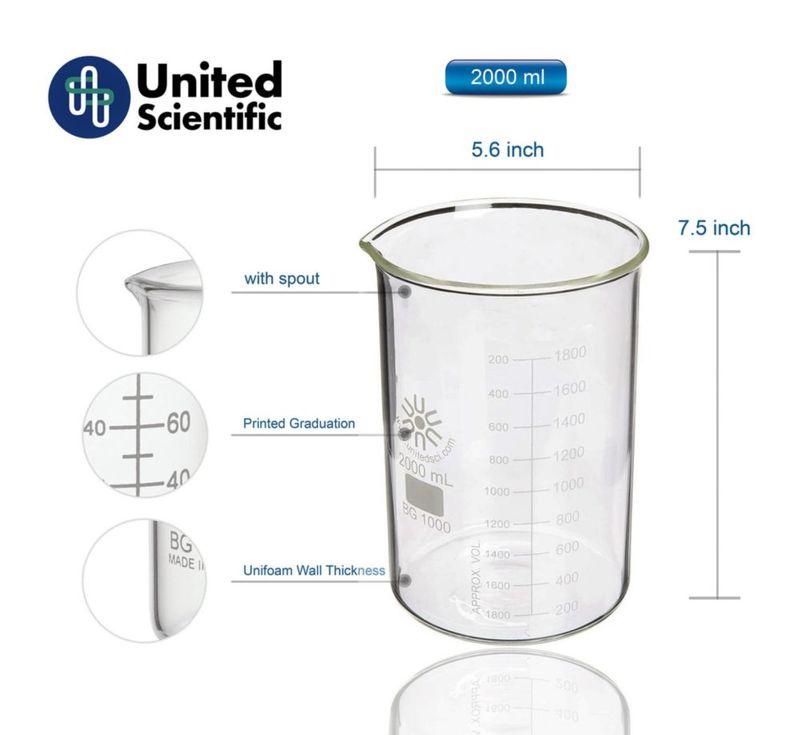 Vaso de vidrio United Scientific con capacidad de 2 litros apto para laboratorio