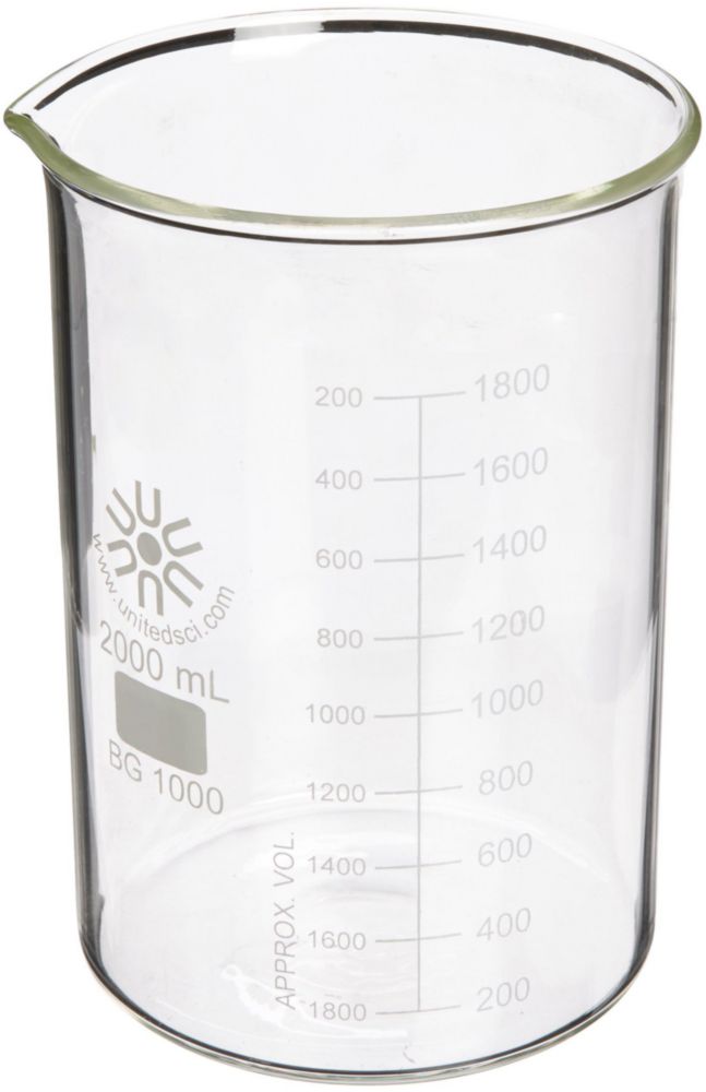 Vaso de vidrio United Scientific con capacidad de 2 litros apto para laboratorio