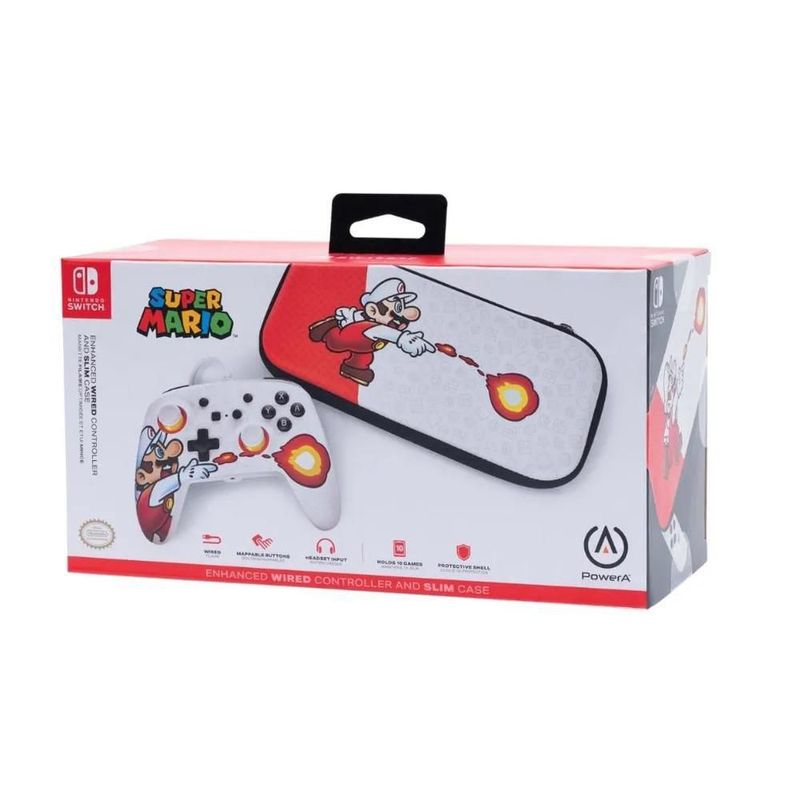 Bundle Control Alámbrico Nintendo Switch Mario Fireball y Estuche