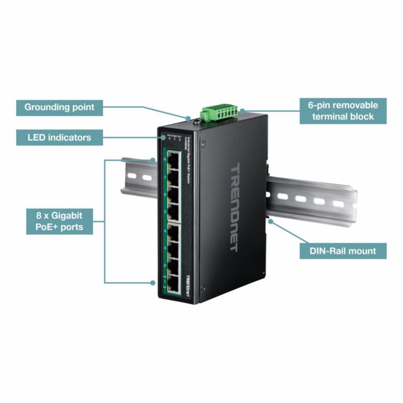 Conmutador de red TRENDnet TI-PG80B de 8 puertos PoE+ con montaje en carril DIN
