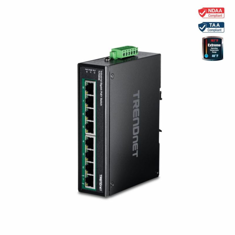 Conmutador de red TRENDnet TI-PG80B de 8 puertos PoE+ con montaje en carril DIN
