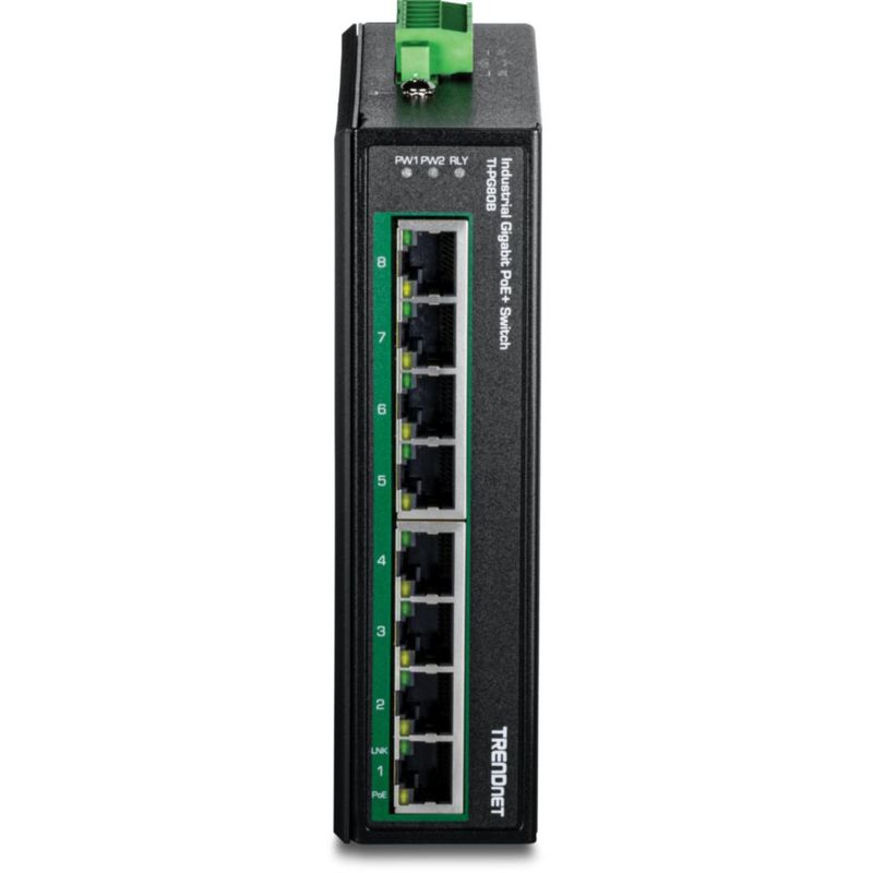 Conmutador de red TRENDnet TI-PG80B de 8 puertos PoE+ con montaje en carril DIN