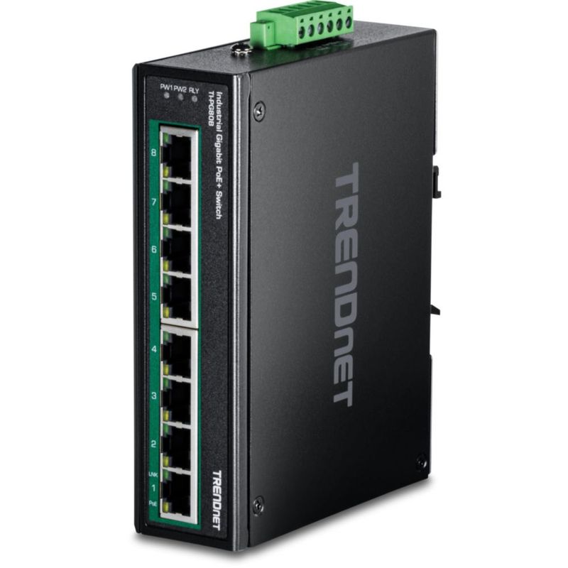 Conmutador de red TRENDnet TI-PG80B de 8 puertos PoE+ con montaje en carril DIN