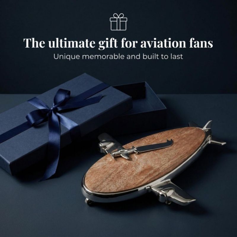 Figurilla Godinger Avión de Níquel con Tabla de Queso de Madera