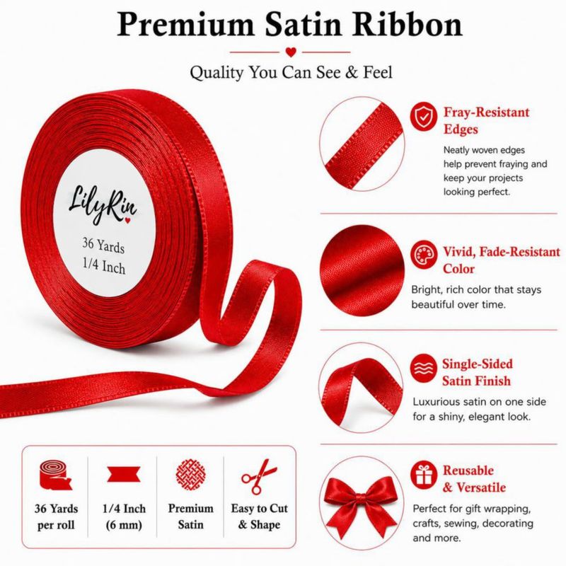 Cinta LilyRin 6 mm x 33 m Satén Rojo para Decoración Floral