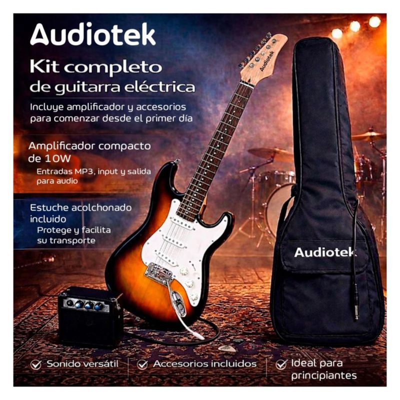 Guitarra Eléctrica Audiotek Cafe con Amplificador 9V 5A Audiotek Funda Capotraste Afinador Eléctrico Accesorios Repuesto