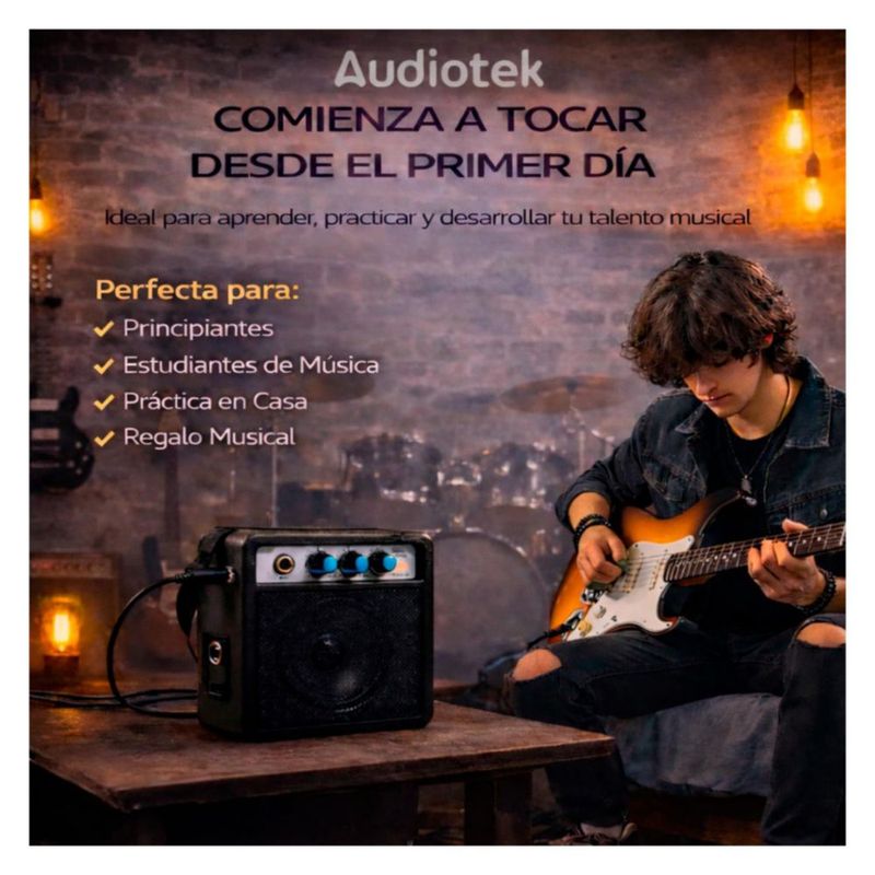 Guitarra Eléctrica Audiotek Cafe con Amplificador 9V 5A Audiotek Funda Capotraste Afinador Eléctrico Accesorios Repuesto