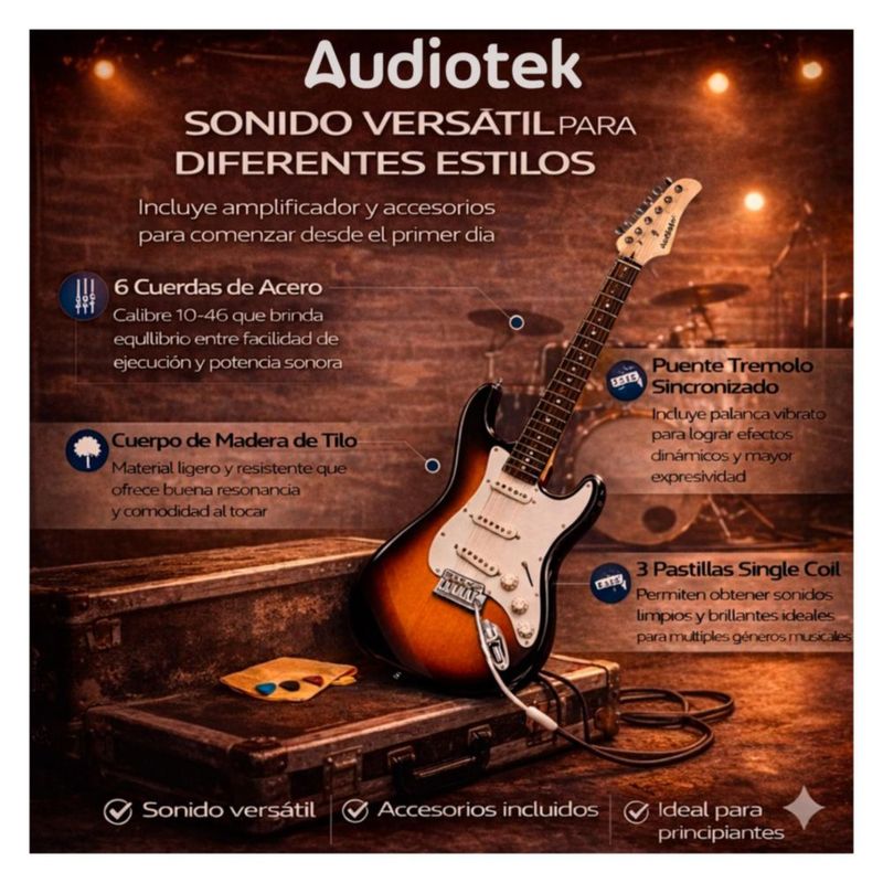 Guitarra Eléctrica Audiotek Cafe con Amplificador 9V 5A Audiotek Funda Capotraste Afinador Eléctrico Accesorios Repuesto