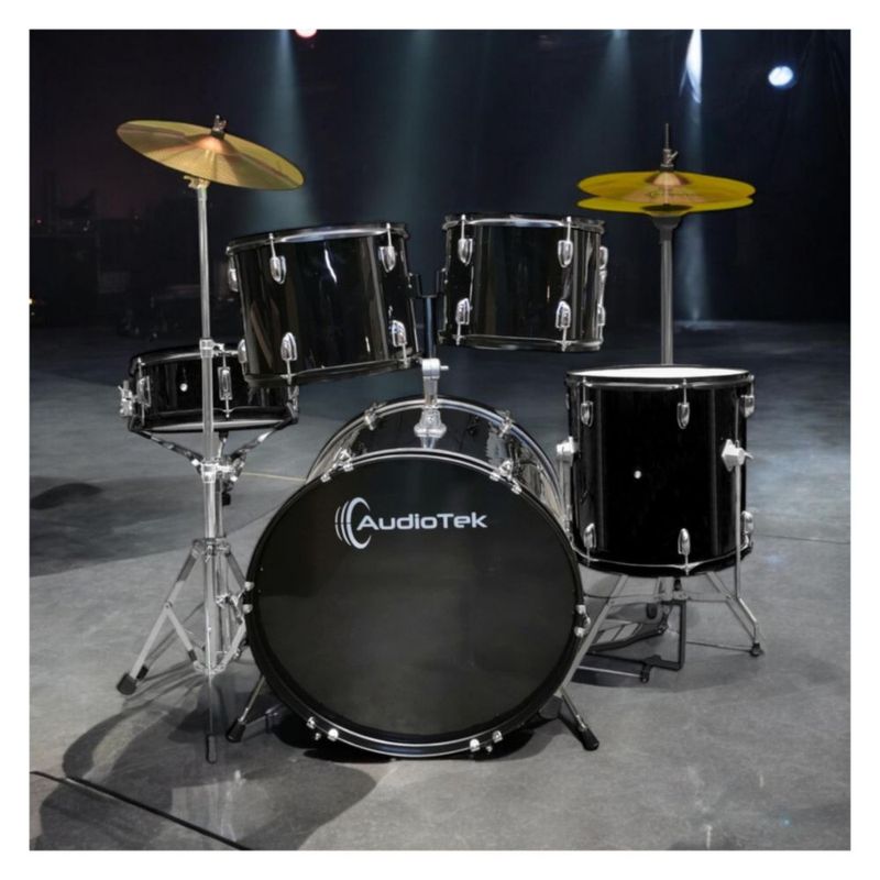 Batería Acustica Audiotek 23 Pulgadas 5 Piezas Negra Principiantes Profesional Baquetas Estructura Resistente Aprendizaje Ensayo Hogar