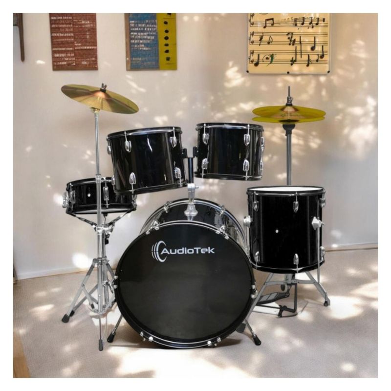 Batería Acustica Audiotek 23 Pulgadas 5 Piezas Negra Principiantes Profesional Baquetas Estructura Resistente Aprendizaje Ensayo Hogar