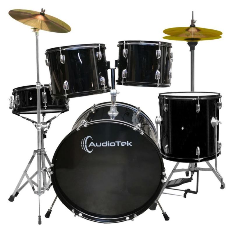 Batería Acustica Audiotek 23 Pulgadas 5 Piezas Negra Principiantes Profesional Baquetas Estructura Resistente Aprendizaje Ensayo Hogar