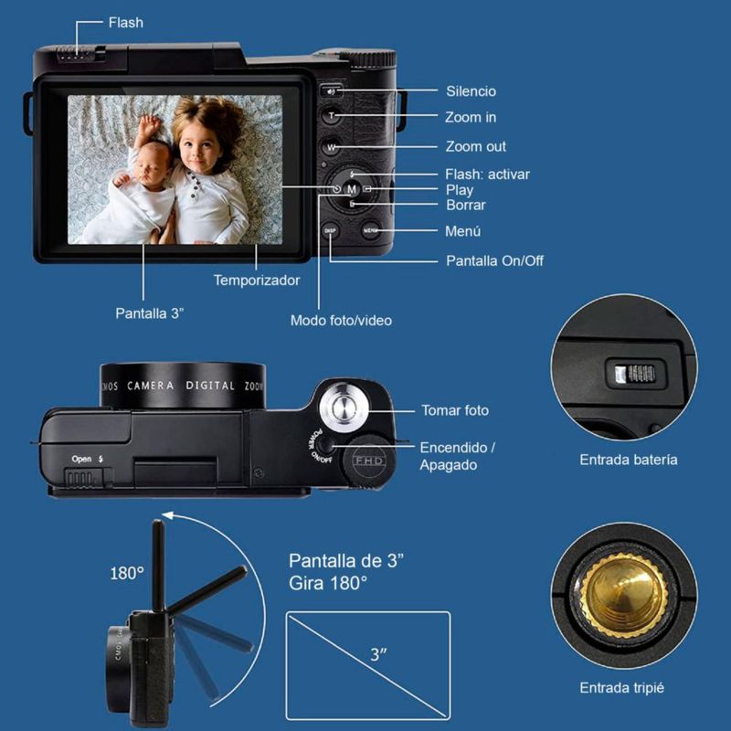 Camara Digital VAK P01 LCD 3' 48mp 4K TRIPIE CONTROL MICROFONO