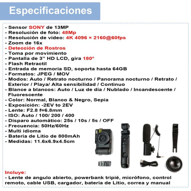Camara Digital VAK P01 LCD 3' 48mp 4K TRIPIE CONTROL MICROFONO