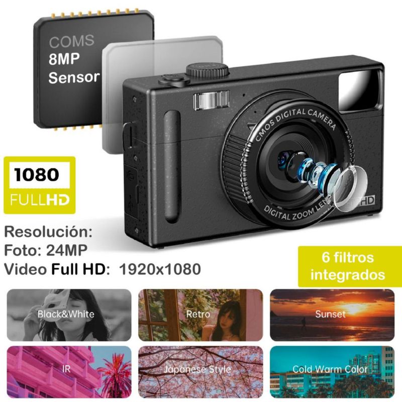 Cámara Digital Vak CDR1 Lcd 3' 24mp video efectos pc Negro