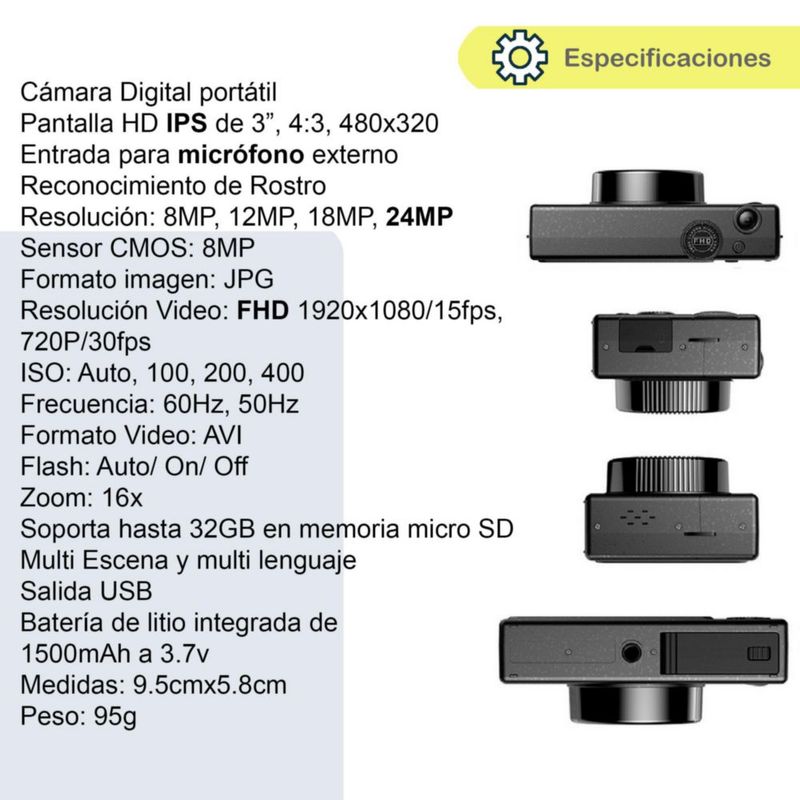 Cámara Digital Vak CDR1 Lcd 3' 24mp video efectos pc Negro