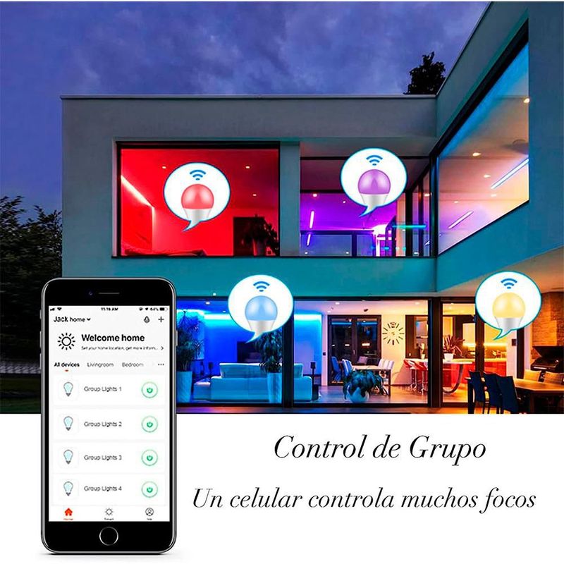 Set de 4 focos inteligentes Fratech con conexión Wifi con luz blanca y rgb