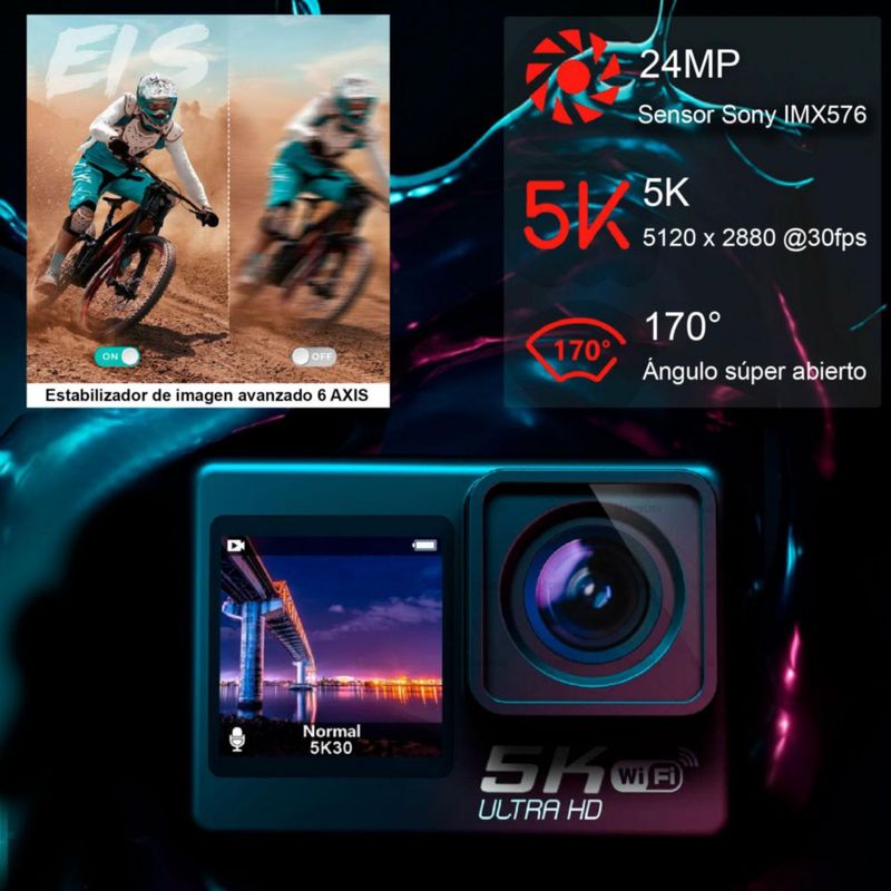 CAMARA DIGITAL DEPORTIVA 302 DOBLE PANTALLA MICROFONO 5K WIFI c AGUA