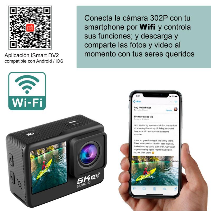 CAMARA DIGITAL DEPORTIVA 302 DOBLE PANTALLA MICROFONO 5K WIFI c AGUA