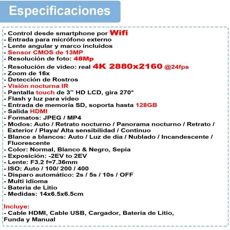 VIDEOCAMARA 4K VAK 534 WIFI 48MP VISION NOCTURNA ZAPATA HDMI TOUCH