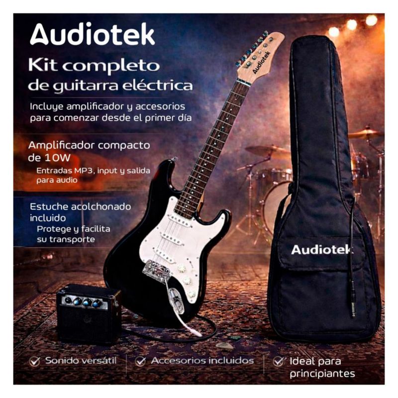 Guitarra Eléctrica Audiotek Negro con Amplificador 9V Funda Capotraste Afinador Eléctrico Accesorios Repuesto