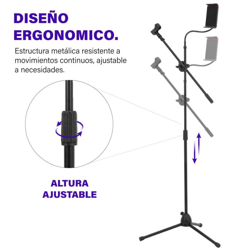 Pedestal Tripie Para Microfono Boom Y Soporte Tablet Zonar