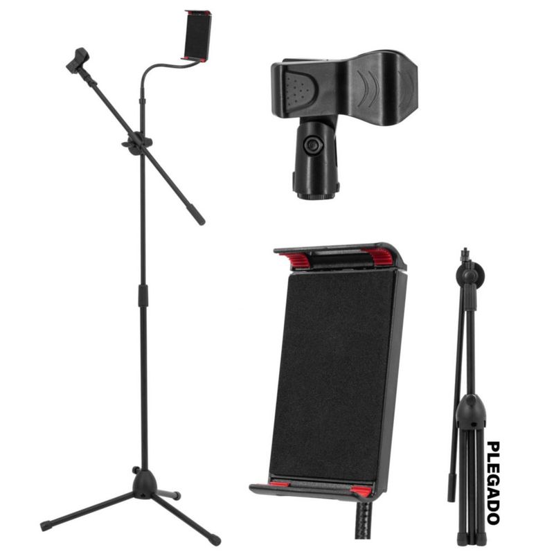 Pedestal Tripie Para Microfono Boom Y Soporte Tablet Zonar