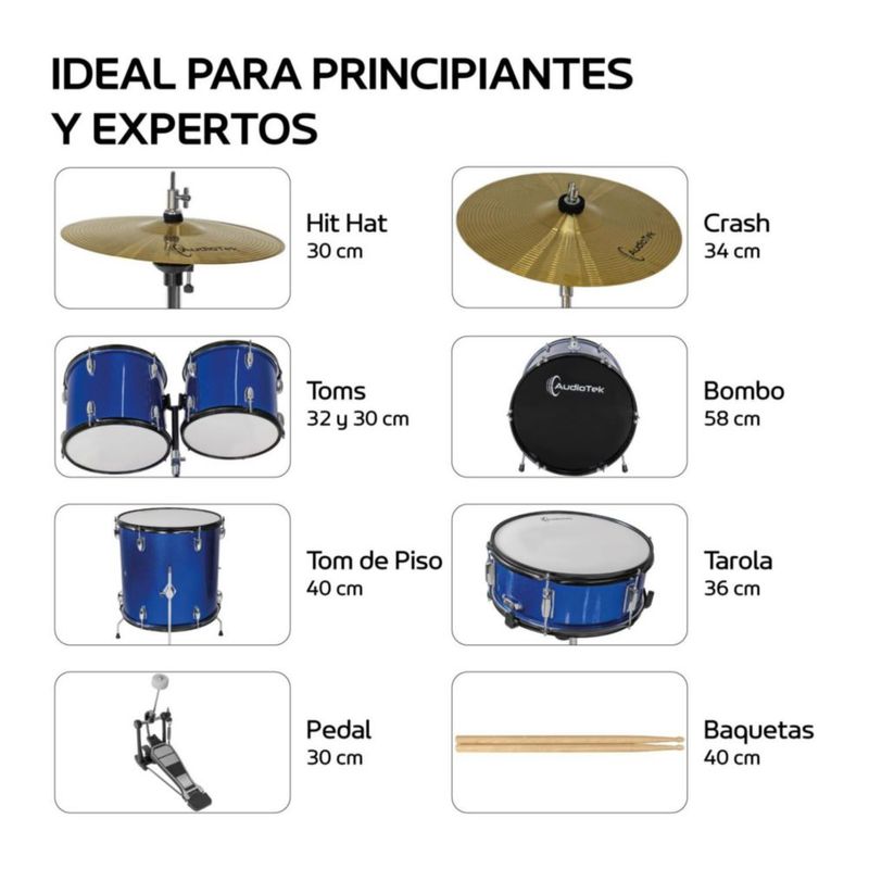 Batería Acustica Audiotek 23 Pulgadas5 Piezas Azul Principiantes Profesional Herrajes Baquetas Estructura Resistente
