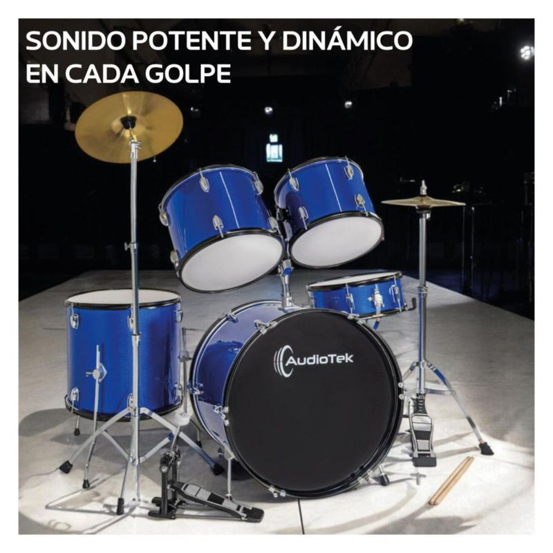 Batería Acustica Audiotek 23 Pulgadas5 Piezas Azul Principiantes Profesional Herrajes Baquetas Estructura Resistente