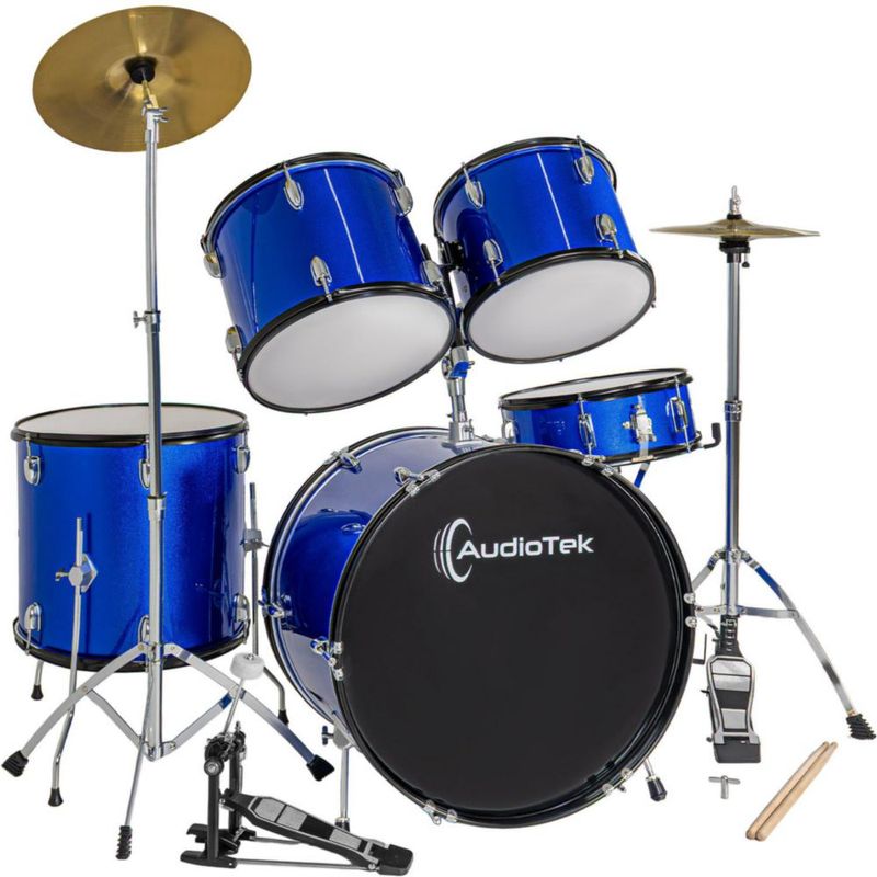 Batería Acustica Audiotek 23 Pulgadas5 Piezas Azul Principiantes Profesional Herrajes Baquetas Estructura Resistente