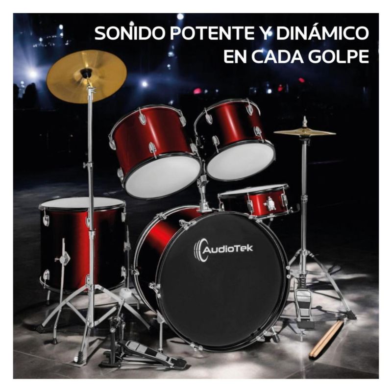 Bateria Musical Acustica 5 Piezas 22 Tambor Baquetas Rojo Audiotek