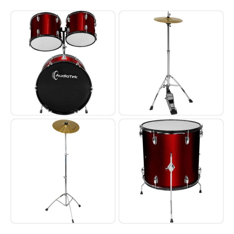 Bateria Musical Acustica 5 Piezas 22 Tambor Baquetas Rojo Audiotek