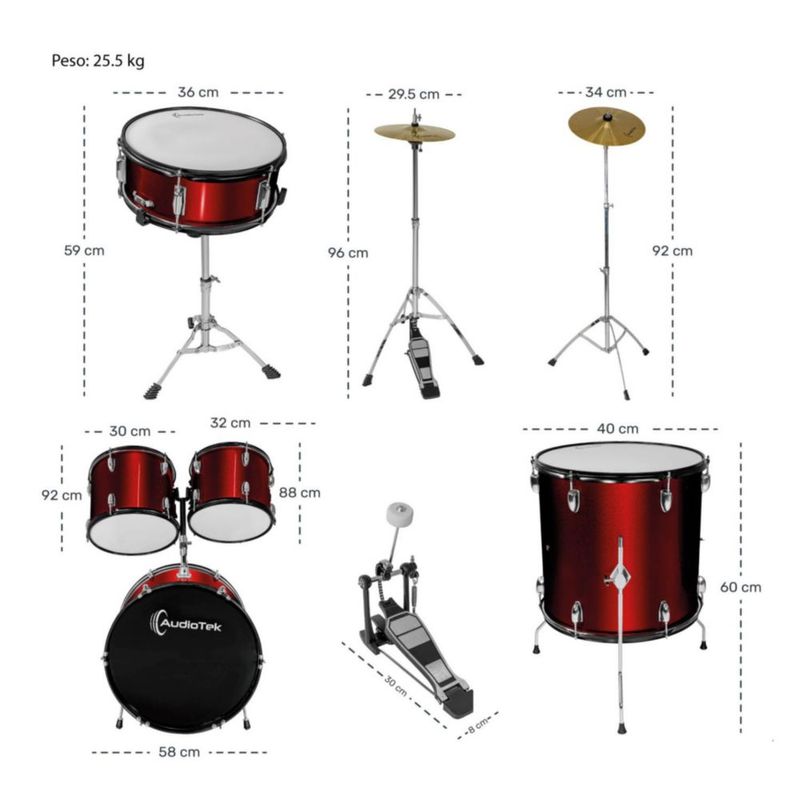 Bateria Musical Acustica 5 Piezas 22 Tambor Baquetas Rojo Audiotek