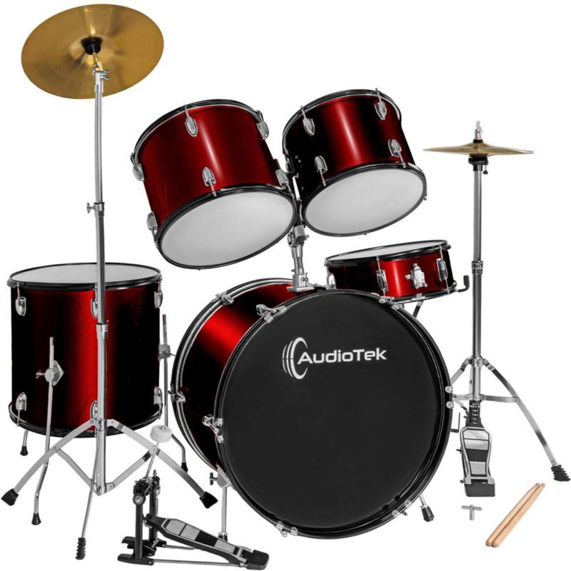 Bateria Musical Acustica 5 Piezas 22 Tambor Baquetas Rojo Audiotek