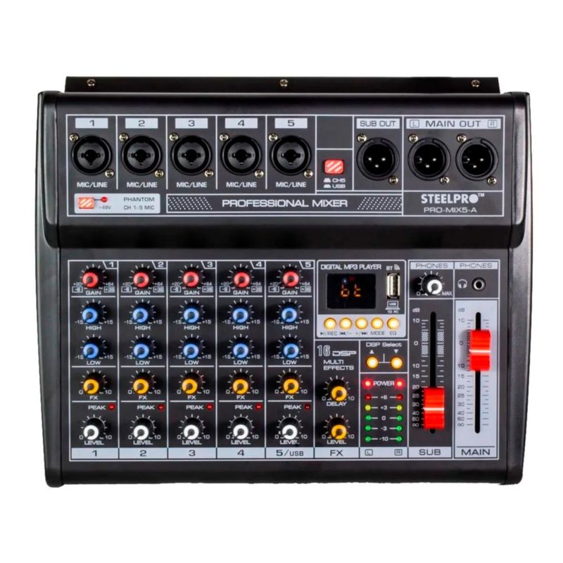 Mezcladora PRO-MIX5-A Tarjeta De Sonido Amplificada 5 Canales Steelpro