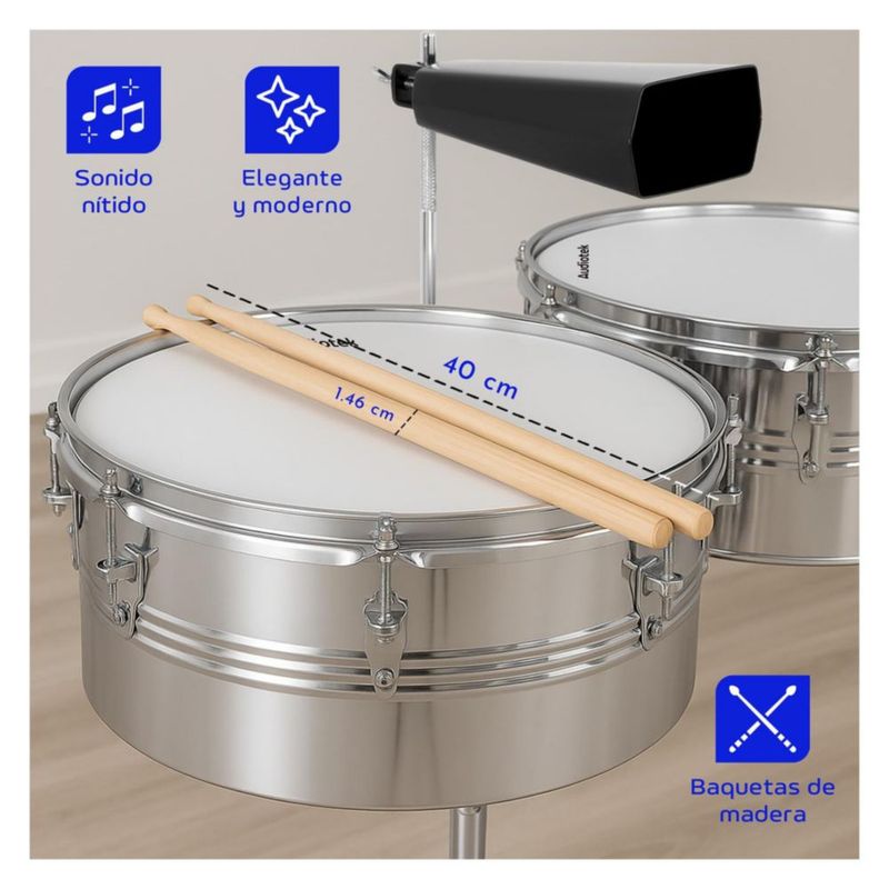 Timbales de Vaso Largo Audiotek de 14 Y 15 Pulgadas Estructura de Acero Cencerro Incluye Baquetas
