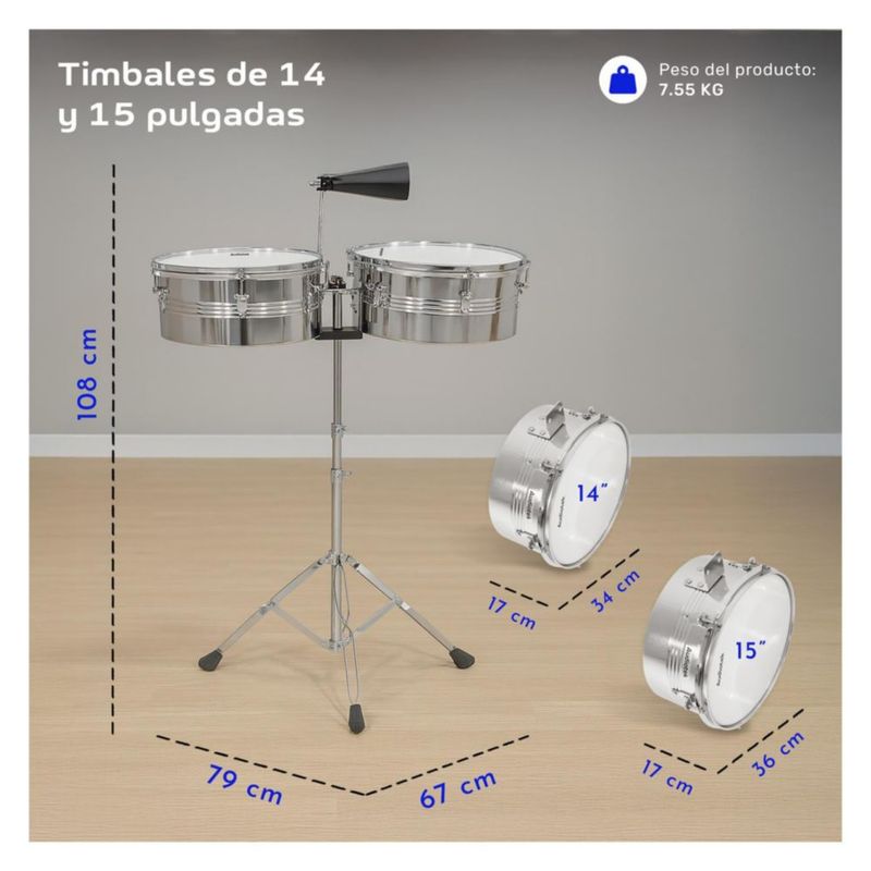 Timbales de Vaso Largo Audiotek de 14 Y 15 Pulgadas Estructura de Acero Cencerro Incluye Baquetas