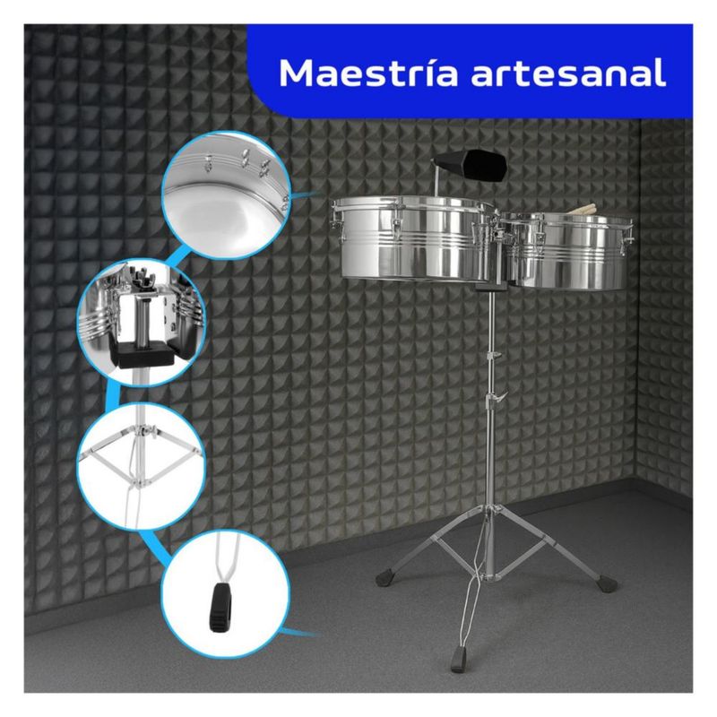 Timbales de Vaso Largo Audiotek de 14 Y 15 Pulgadas Estructura de Acero Cencerro Incluye Baquetas