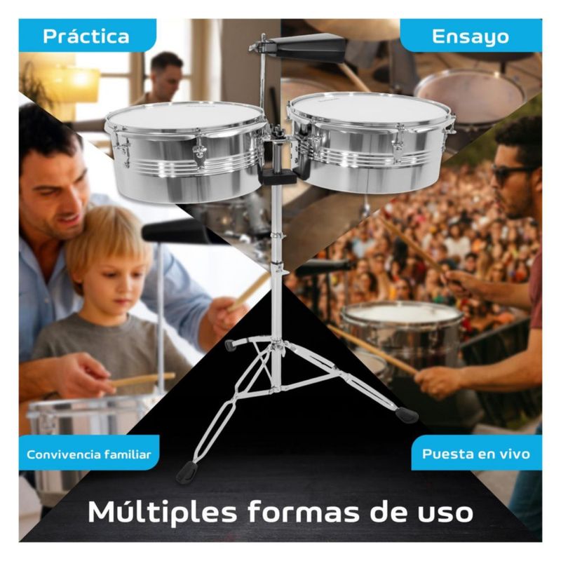 Timbales de Vaso Largo Audiotek de 14 Y 15 Pulgadas Estructura de Acero Cencerro Incluye Baquetas