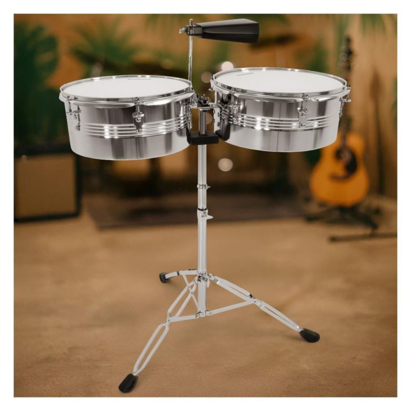 Timbales de Vaso Largo Audiotek de 14 Y 15 Pulgadas Estructura de Acero Cencerro Incluye Baquetas