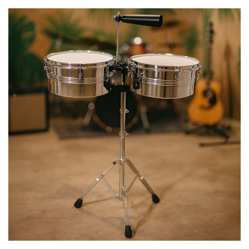 Timbales de Vaso Largo Audiotek de 14 Y 15 Pulgadas Estructura de Acero Cencerro Incluye Baquetas