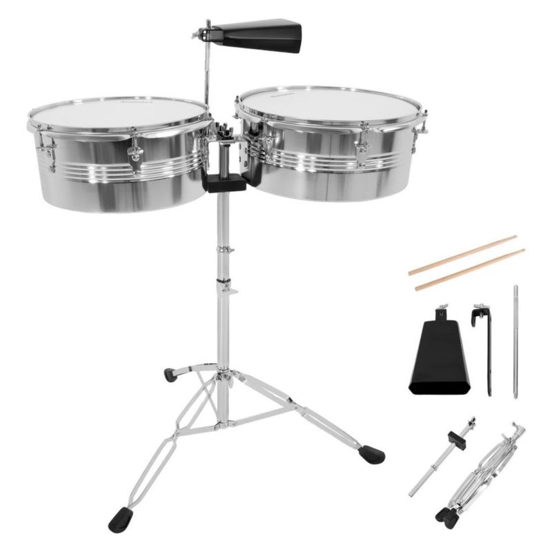 Timbales de Vaso Largo Audiotek de 14 Y 15 Pulgadas Estructura de Acero Cencerro Incluye Baquetas